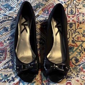Anne Klein Black Peep-Toe Heels with Decorative Buckle